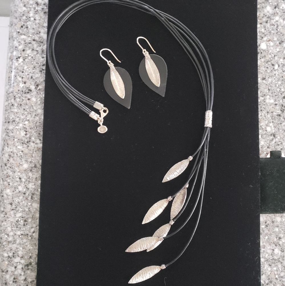 Silpada Set Layered Leaf Leather & Silver Necklace N3224 with Earrings W3274